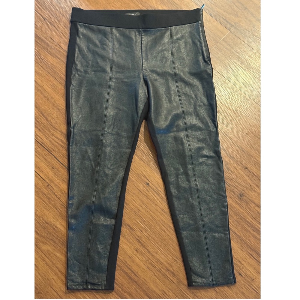 Ann Taylor Black Faux Leather Front Mixed Media Leggings Side Zip Pants Size 14